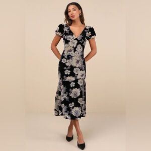 Lulus Real Lovely Black Floral Burnout Velvet Midi Dress - Size M
